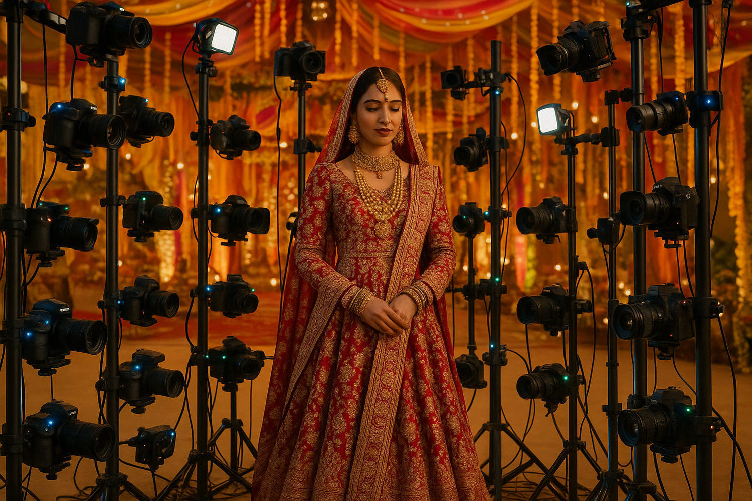 3d scanning person standing surrounded with cameras in a indian wedding 