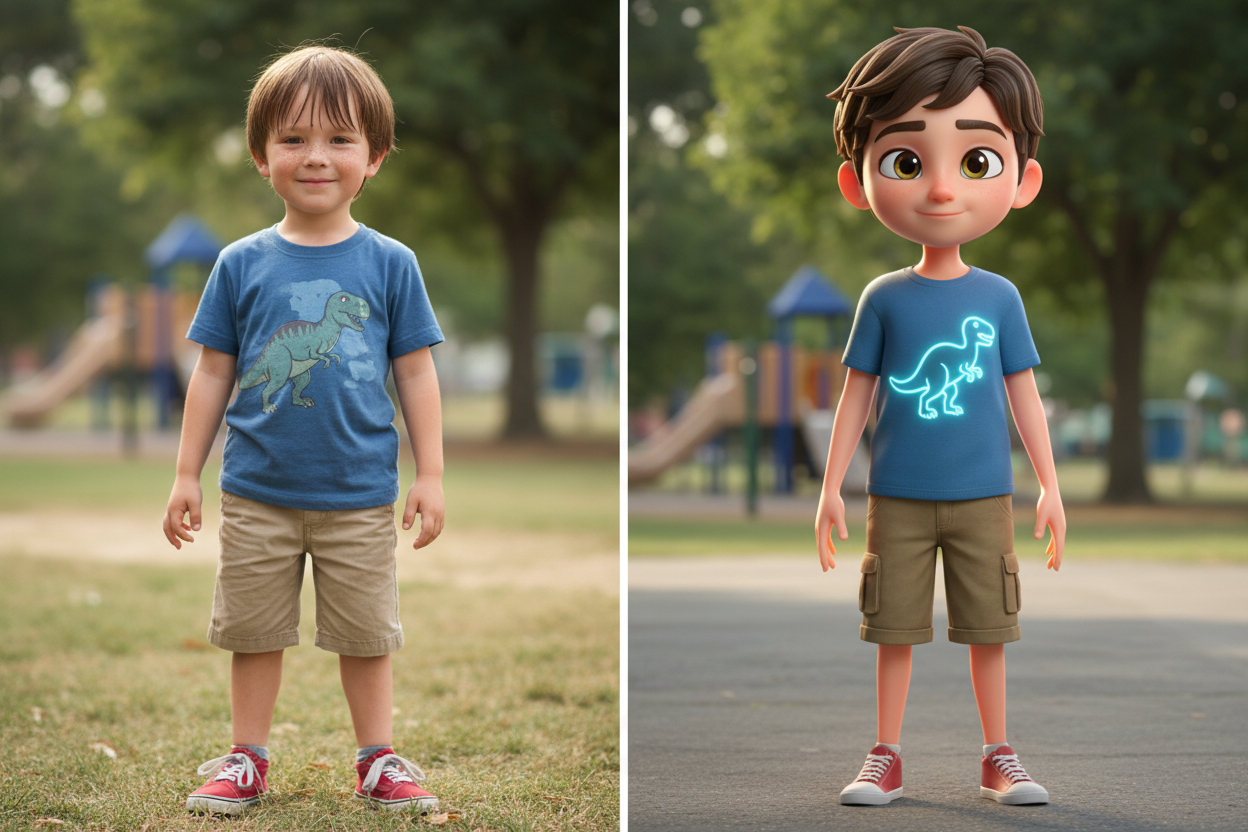 generate a pciture which is divided in middle by a vertical line, one side showing a realistic image of a boy standing and the other side 3d animated modiel of same boy standing