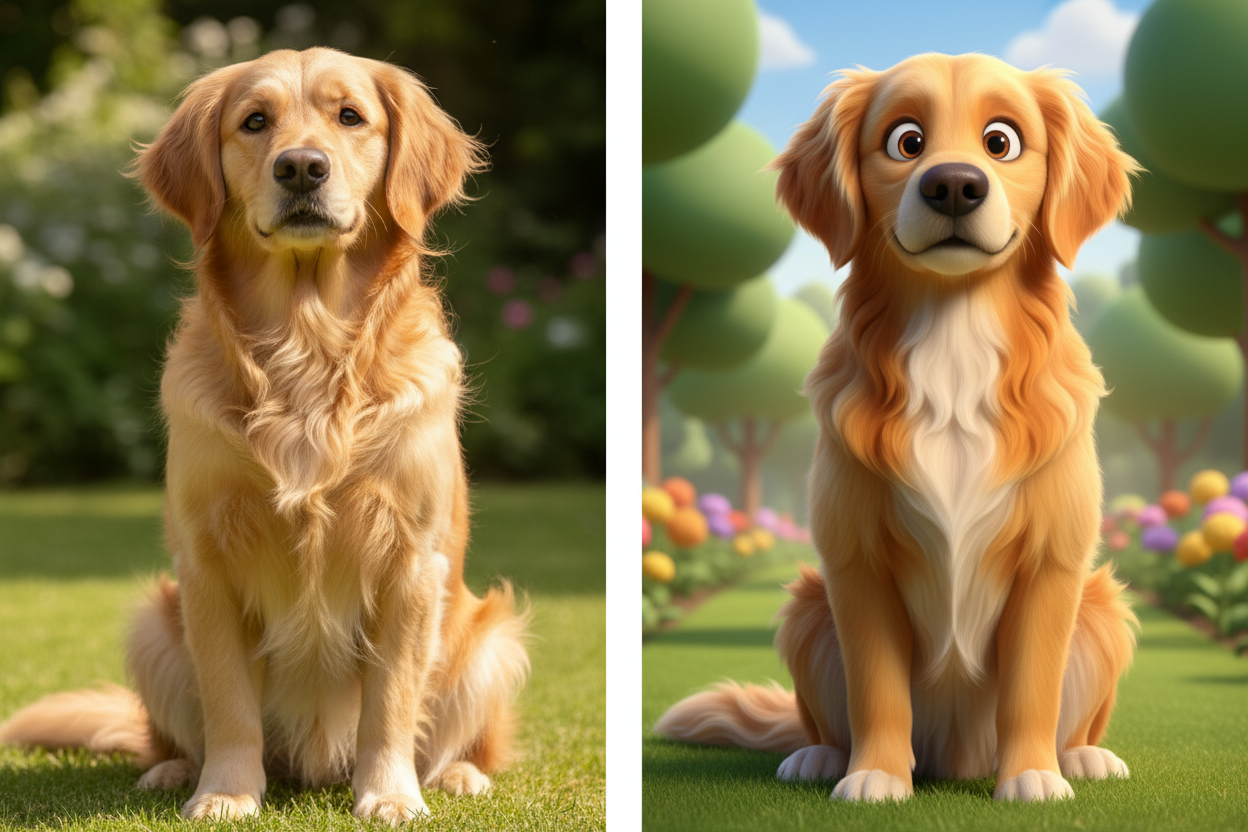 generate a pciture which is divided in middle by a vertical line, one side showing a realistic image of a dog and the other side 3d animated modiel of same dog 