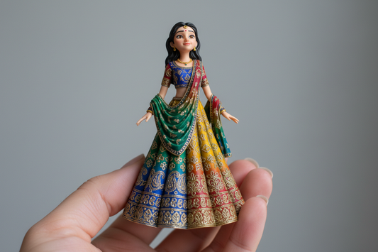 generate a picture of a 3d model holding in hand, the 3d model must be a animated 3d model of a girl standing wearing traditional indian clothes
