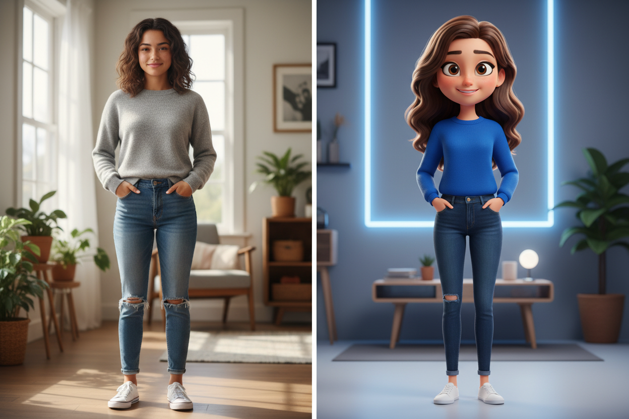 generate a picture which is divided in middle vertically by a line, one side showing a relistic picture of a girl standing and the otehr side showing a animated 3d figure of same girl standing 