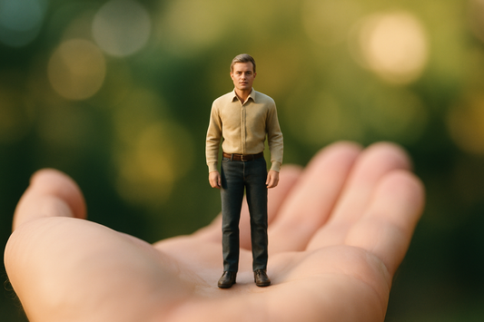 standing miniature person, holding in hand, blur background 